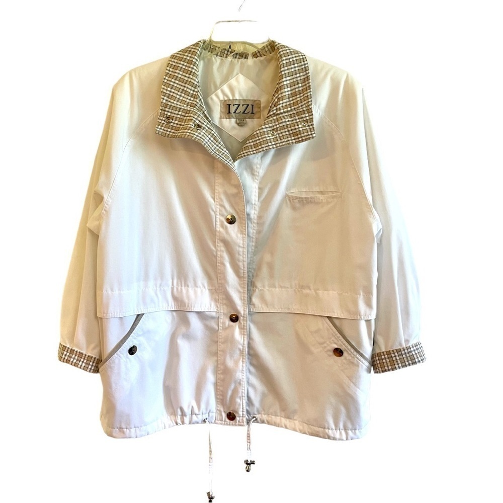 IZZI, WOMENS, SUMMER, LIGHTWEIGHT JACKET. WHITE WITH BROWN PLAID. SIZE L